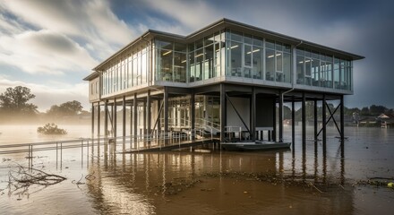 Modern architectural marvel - Elevated glass house over water, scenic view.