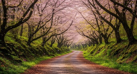Pathway through blossoming trees in a serene forest landscape.