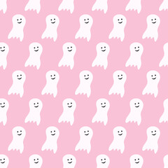 Halloween seamless pattern funny ghost halloweenon pink background cute monster autumn holiday spooky spirit flying ghost vector illustration