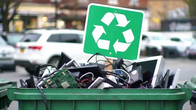 Green Recycling Bin Overflowing With Discarded Electronic Devices On A City Street