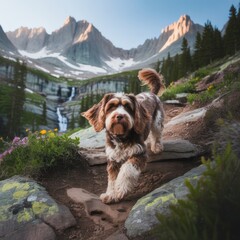 Happy Dog Hiking on Mountain Trail with Waterfall, Vibrant Alpine Landscape, Sunrise Adventure, Nature Exploration, Outdoor Travel