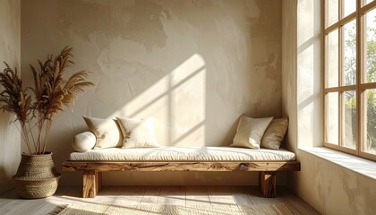 Cozy interior space features a wooden bench adorned with soft pillows, alongside a decorative plant in a woven basket, illuminated by sunlight streaming through a large window, creating a warm and...
