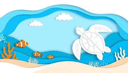 Naklejka premium Underwater paper art scene with a turtle
