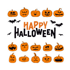 Halloween pumpkins with funny and spooky carved faces, hand drawn vector illustration