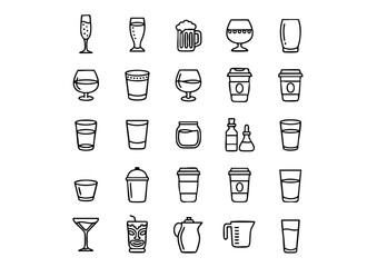Line-Art Drink Icons, Vector Glassware & Cup Collection, Beverage Container Icon Set