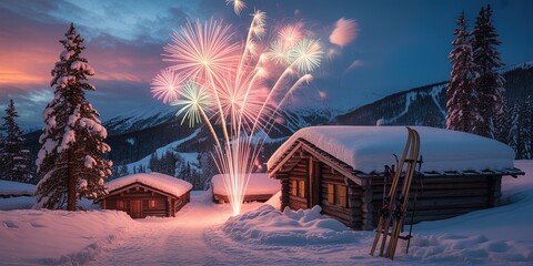 Magical Winter Night with Fireworks Above Snowy Mountain Cabins, Festive Holiday Celebration in Alpine Landscape