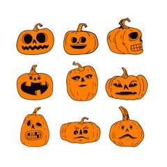 Halloween pumpkins with funny and spooky carved faces, hand drawn vector illustration