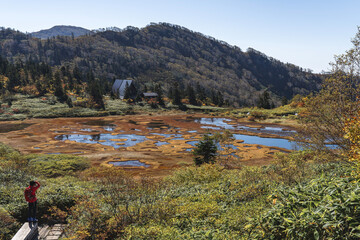 火打山　紅葉の高谷池と高谷池ヒュッテ