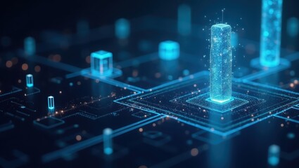 Futuristic technological abstract illustration showcasing digital connections and data streams, featuring bright blue glowing elements, cubic forms, and intricate circuits on a dark backdrop with a...