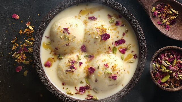 Rasmalai in dish on black background with smoke