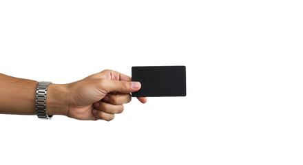 Hand holding a black credit card isolated on transparent background