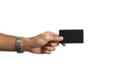 Hand holding a black credit card isolated on transparent background