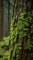 Obraz premium Moss-covered tree trunk in serene forest setting with lush greenery