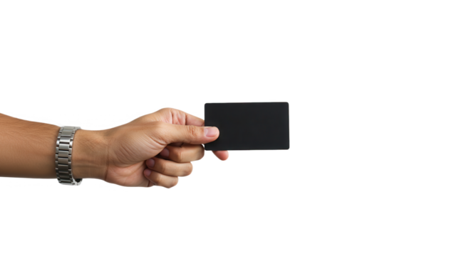 Hand holding a black credit card isolated on transparent background