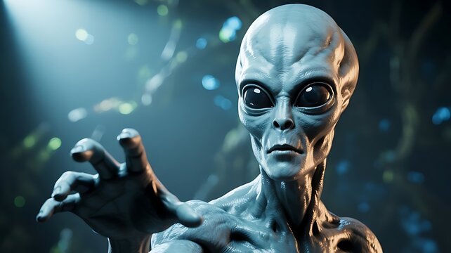 Closeup of a grey alien reaching out with its hand in the dark
