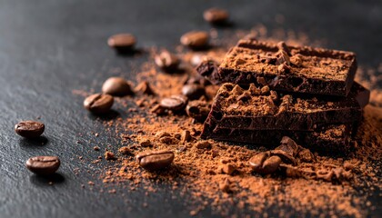 Delicious dark chocolate squares are elegantly arranged with roasted coffee beans and cocoa powder, creating a visually appealing arrangement on a dark textured surface.