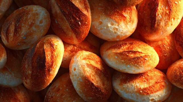 A delicious abundance of freshly baked golden bread rolls.
