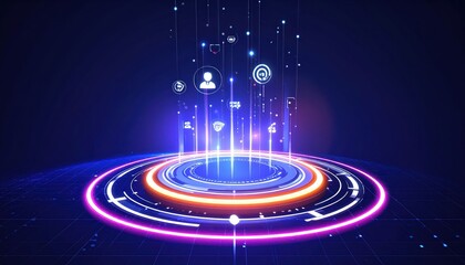 Futuristic digital artwork showcasing an abstract technological concept with a circular structure emitting data streams, presented with vibrant neon lights and a modern grid backdrop.