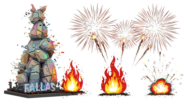 Vector art of fallas monument with fireworks and fire