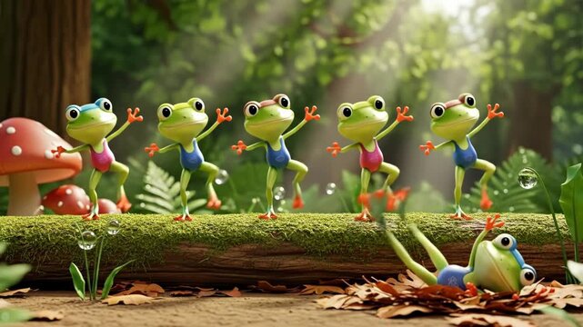 A playful group of dancing frogs in a vibrant forest setting.