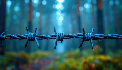 Focus on sharp, metallic barbed wire, showcasing its barbs and texture against a blurred background of a forest with green and orange tones, demonstrating a feeling of confinement.