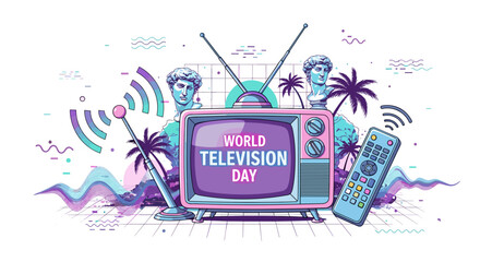 Vector art of world television day celebration with retro tv and remote control