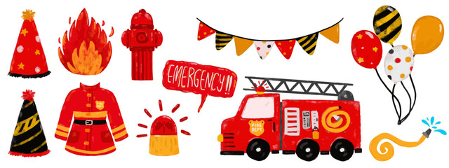 Cute set hand drawn red fire engine truck birthday party theme balloons greeting card kids doodle watercolor crayon fun illustration design sticker clipart
