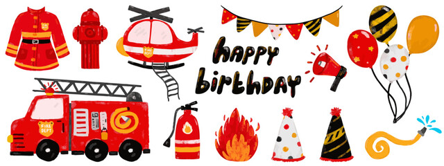 Obraz premium Cute set collections hand drawn red fire engine truck birthday party theme balloons greeting card kids doodle watercolor crayon fun illustration design clipart sticker