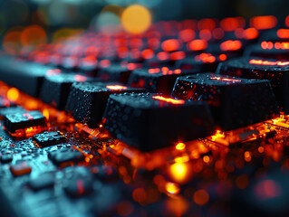 Charming Keyboard with faq button . blue Color button on the gray silver keyboard of modern ultrabook
