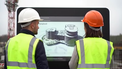Two Construction Workers Reviewing Building Plans On A Digital Screen Outside - Powered by Adobe