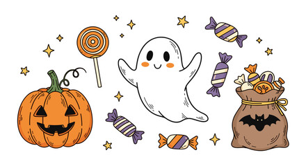 Fototapeta premium Vector art of cute halloween ghost, pumpkin, candy, and trick or treat bag