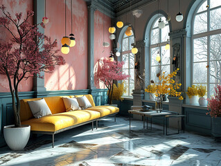 Elegant Living Room with Yellow Sofa and Cherry Blossoms