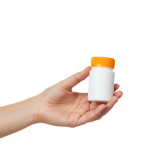 Hand holding pill bottle isolated on transparent background