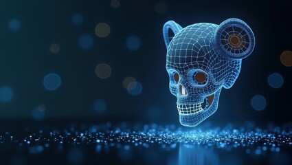 A digital representation of a skull adorned with circular ear-like structures is presented against a dark, bokeh-filled backdrop, emphasizing futuristic themes and glowing, luminous effects through...