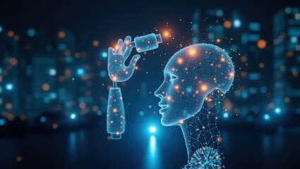 Depicting a futuristic technological concept, this digital illustration features a glowing, network-connected human head and an abstract hand holding a cylindrical object against a blurred city...