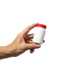 Hand holding pill bottle isolated on transparent background