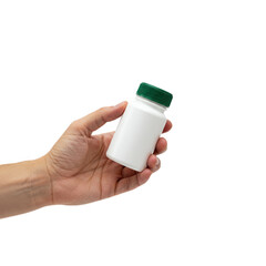 Hand holding pill bottle isolated on transparent background