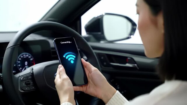 Woman Holding Smartphone Connecting to Car Dashboard via Wifi Signal Technology