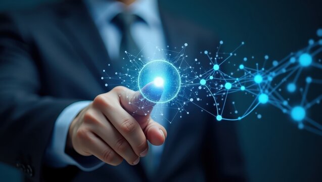 A professional in a suit is seen interacting with a glowing digital network interface, using his finger to trigger a connection or activation within a virtual system, concept of technology and...