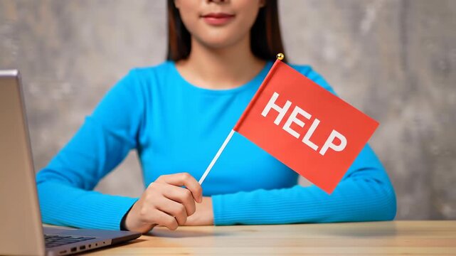Woman In Blue Top Holding Red HELP Flag In Front Of Laptop