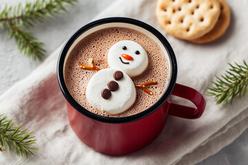 Top view hot chocolate with melted snowman in red mug and cookie