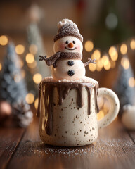 Hot chocolate in speckled mug with melted snowman and scarf