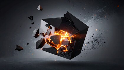 Abstract representation featuring a fracturing black geometric shape, revealing a vibrant orange glow within its fractured components, set against a dark gray backdrop for a dramatic visual.