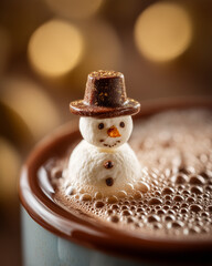 Close up hot chocolate with melted snowman in foamy cup