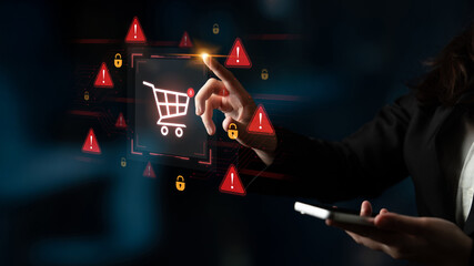 A security alert concept for e-commerce. This warning signifies a risk in an online shopping...