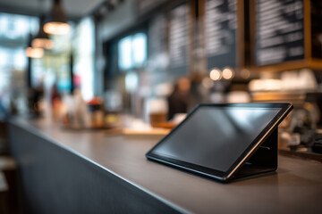Interactive display mockup on counter with blurred cafe interior background