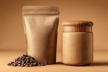 Kraft pouch mockup with bamboo jar on beige background