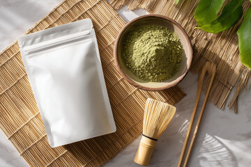 White and kraft pouch mockup with matcha tea set on bamboo mat