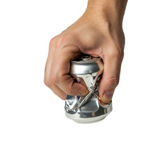 Hand crushing an aluminum can isolated on transparent background