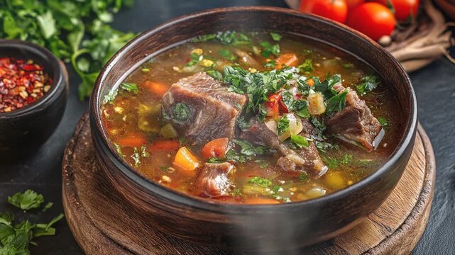 Sup ekor oxtail soup in dish on the table with smoke